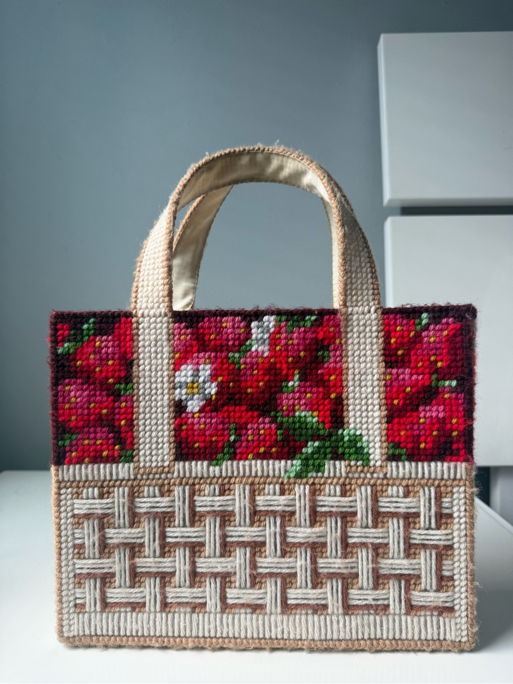 Hand-Embroidered Strawberry Basket/Floral Tote Bag in Red and Cream